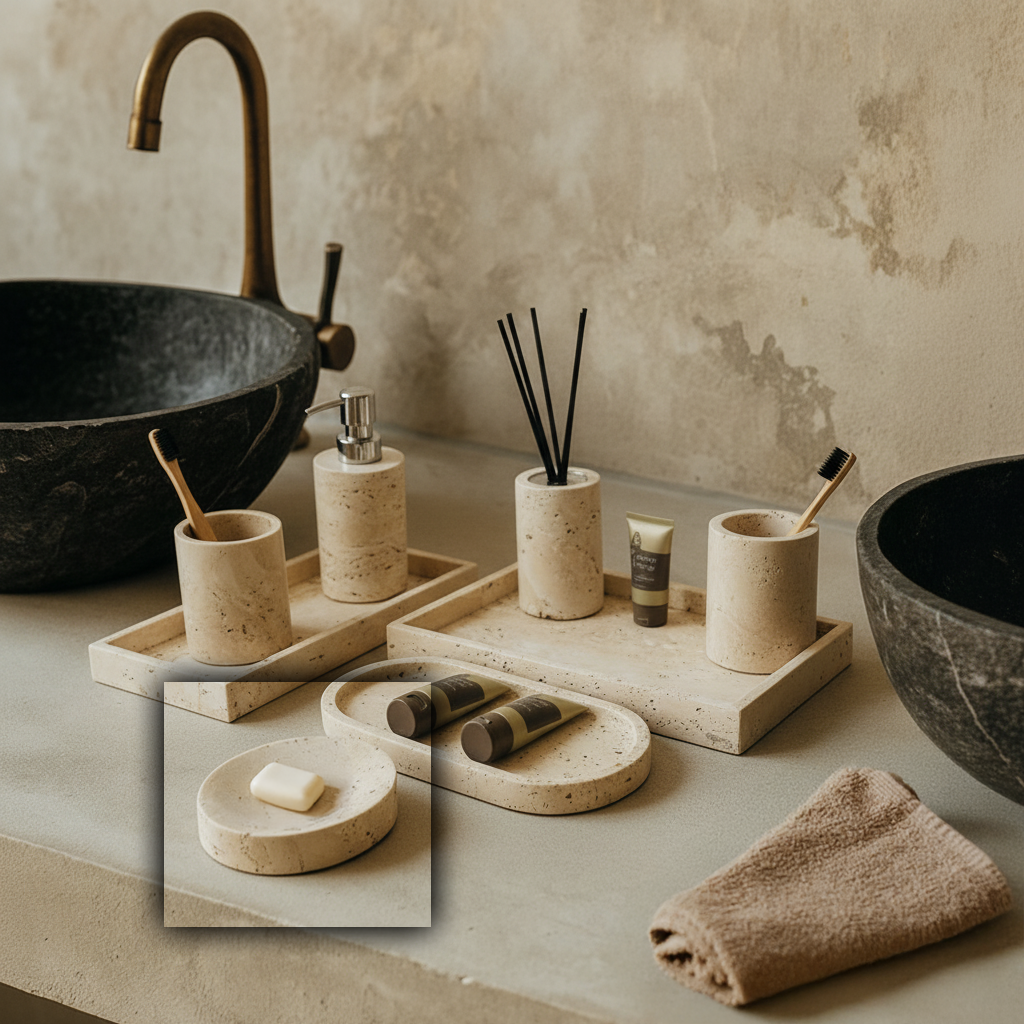 Yellow travertine round soap dish from BEACON bathroom accessories collection, featuring smooth natural stone finish.