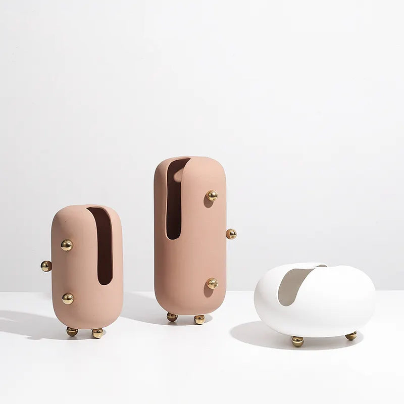 Blush Ceramic Vase With Gold Stainless Steel Detail Fd-D22064A - Vases - ebarza Furniture UAE | Shop Modern Furniture in Abu Dhabi & Dubai - مفروشات ايبازرا في الامارات | تسوق اثاث عصري وديكورات مميزة في دبي وابوظبي