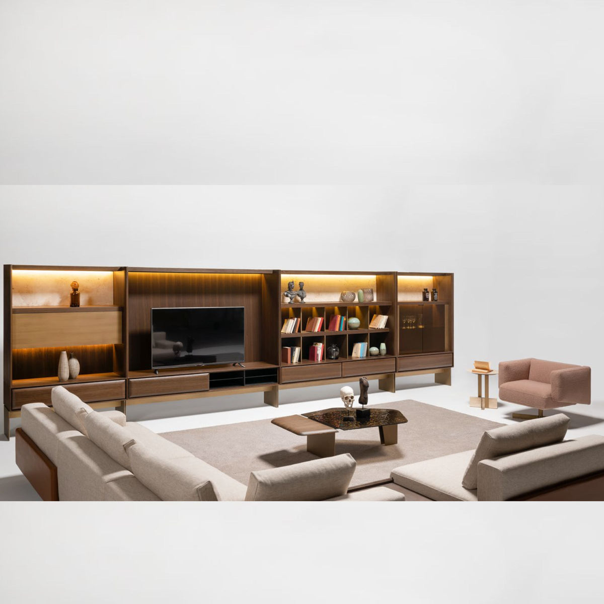 HOMAGE KOLTUK Era Wall Unit Shelf Block Era-Wall120 in Nakheel display with modern TV unit and storage shelves.