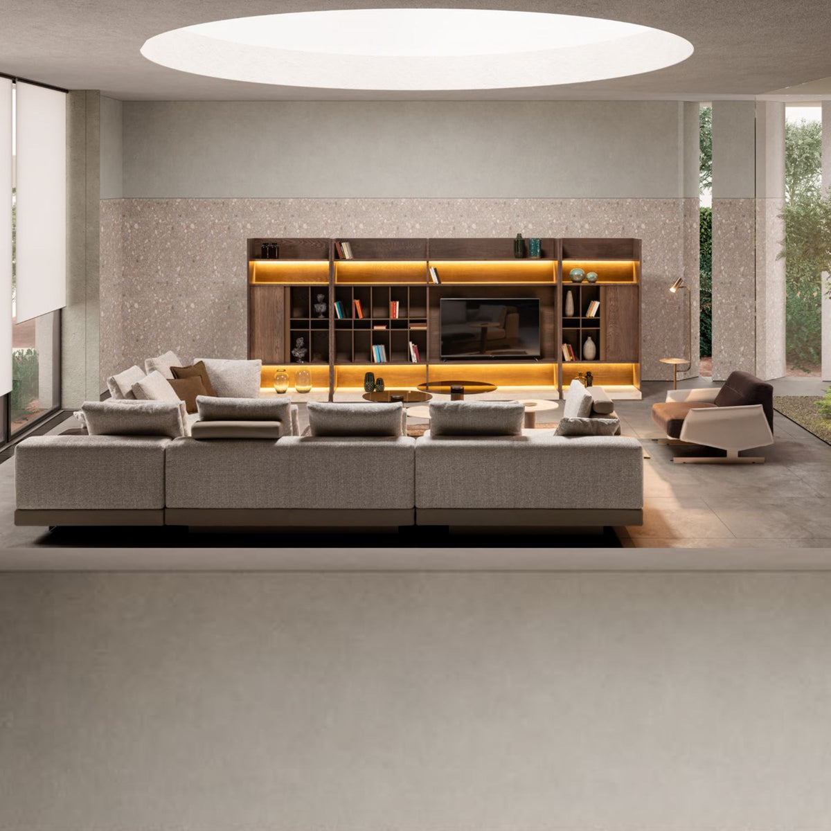 HOMAGE KOLTUK Edessa wall unit with right bookshelf block, modern TV unit in wood finish, featuring open shelving for media storage.