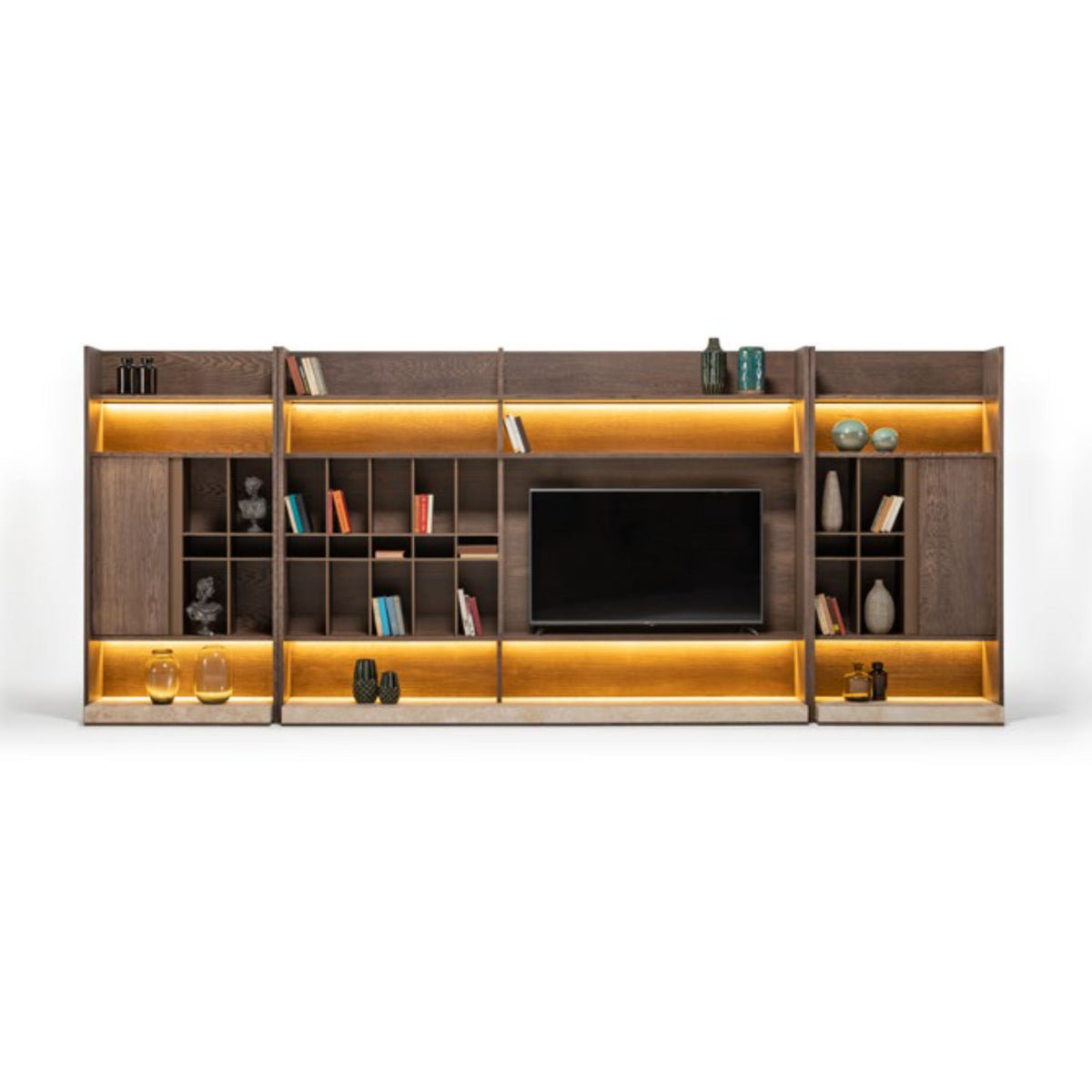 HOMAGE KOLTUK Edessa wall unit with right bookshelf block, modern TV unit in wood finish, featuring compartments for media and decor.