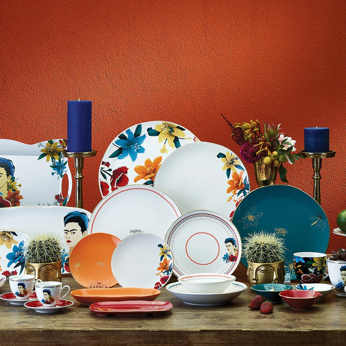 Karaca Frida Kahlo green serving plate with colorful floral design, ideal for serving food or as a decorative piece.