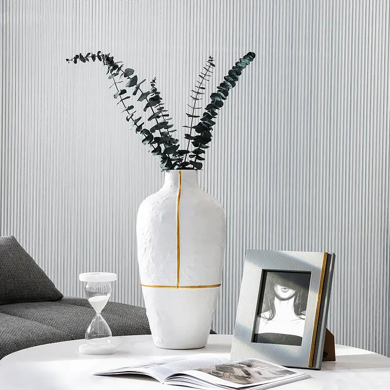 White Vase With Gold Thread-A Fa-D1954A - Vases - ebarza Furniture UAE | Shop Modern Furniture in Abu Dhabi & Dubai - مفروشات ايبازرا في الامارات | تسوق اثاث عصري وديكورات مميزة في دبي وابوظبي