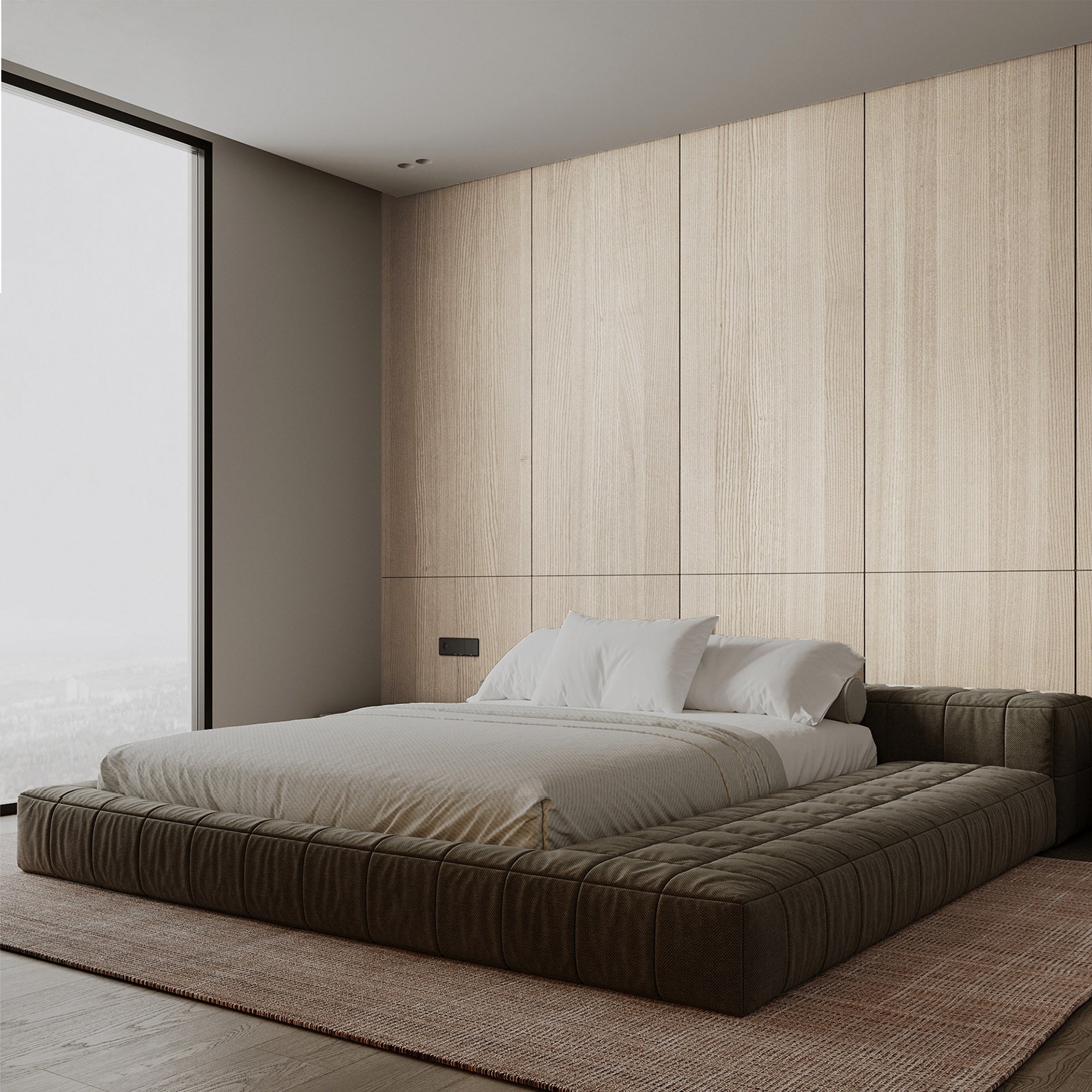 Sample of BEACON WPC slat multipurpose wall panel in Baikal Walnut color, 350x24cm with 4-sided wrap edge banding.