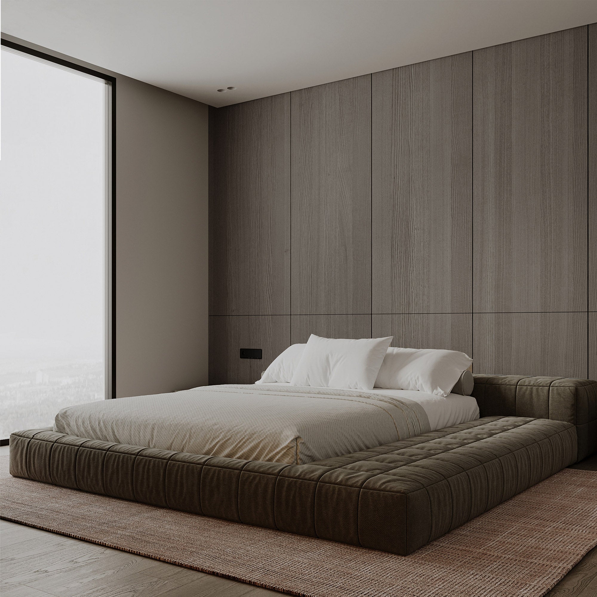 Sample of Beacon WPC wall panel in Manhattan Grey Oak color, 350x24cm, with 4-sided wrap and edge banding.