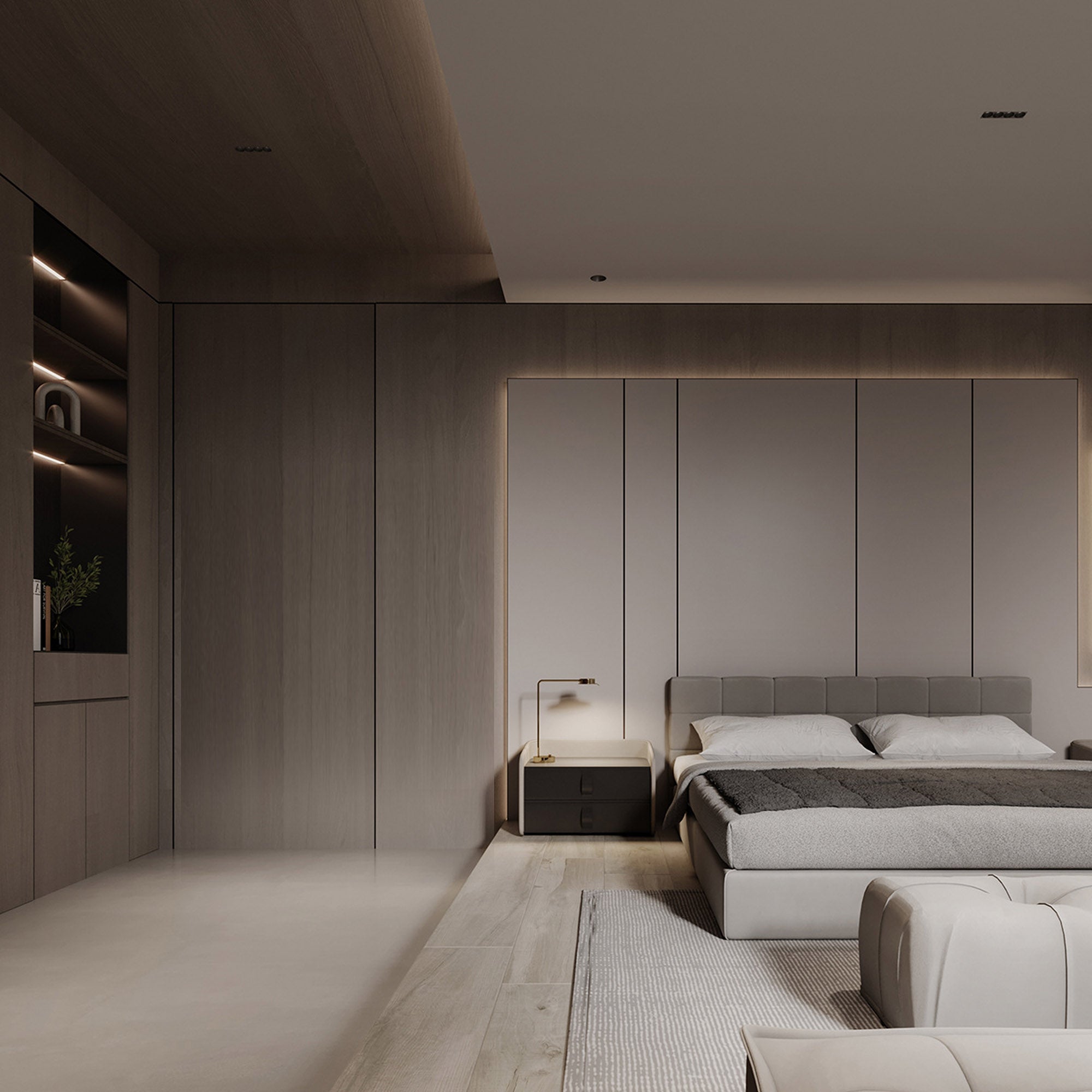 Sample of BEACON Manhattan Grey Oak WPC wall panel with 4-sided wrap, 350x24cm, showing edge banding details.