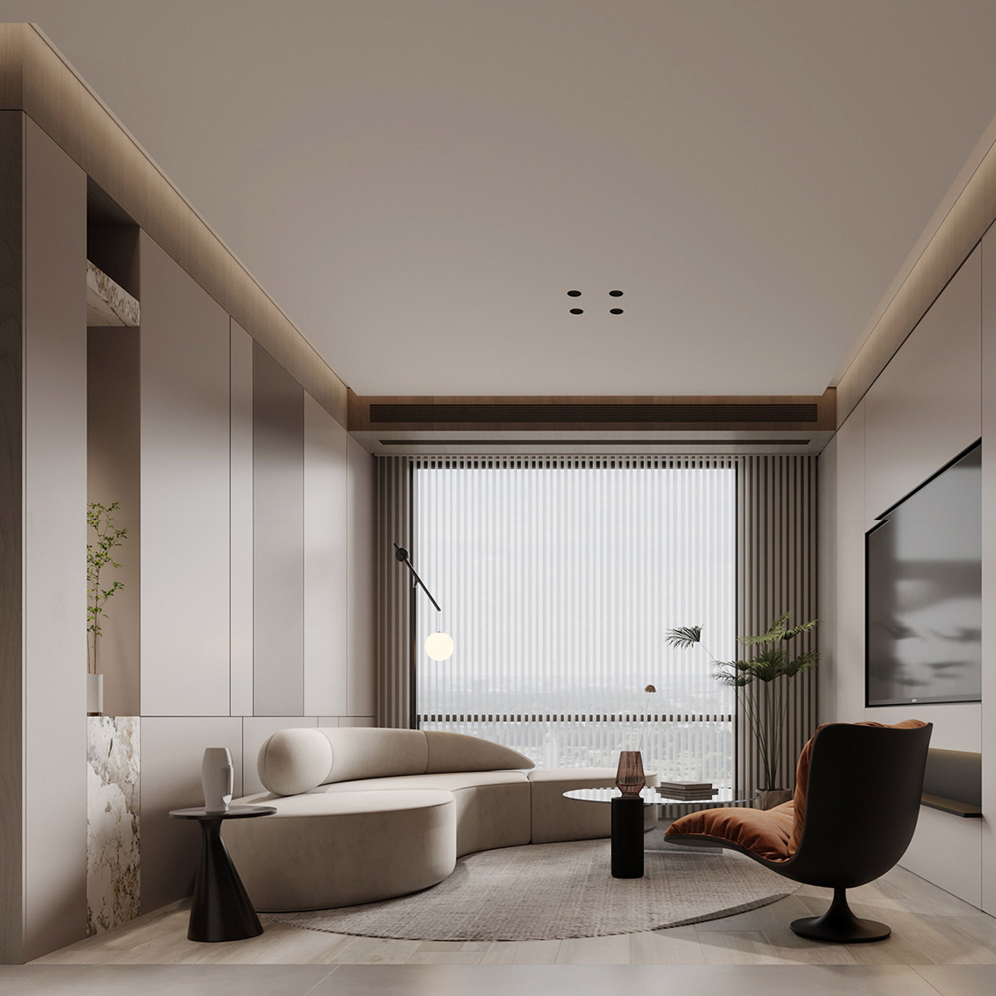 Sample of WPC slat multipurpose wall panel in Milk Coffee color, 350x24cm, with 4-side wrapped edges from BEACON.