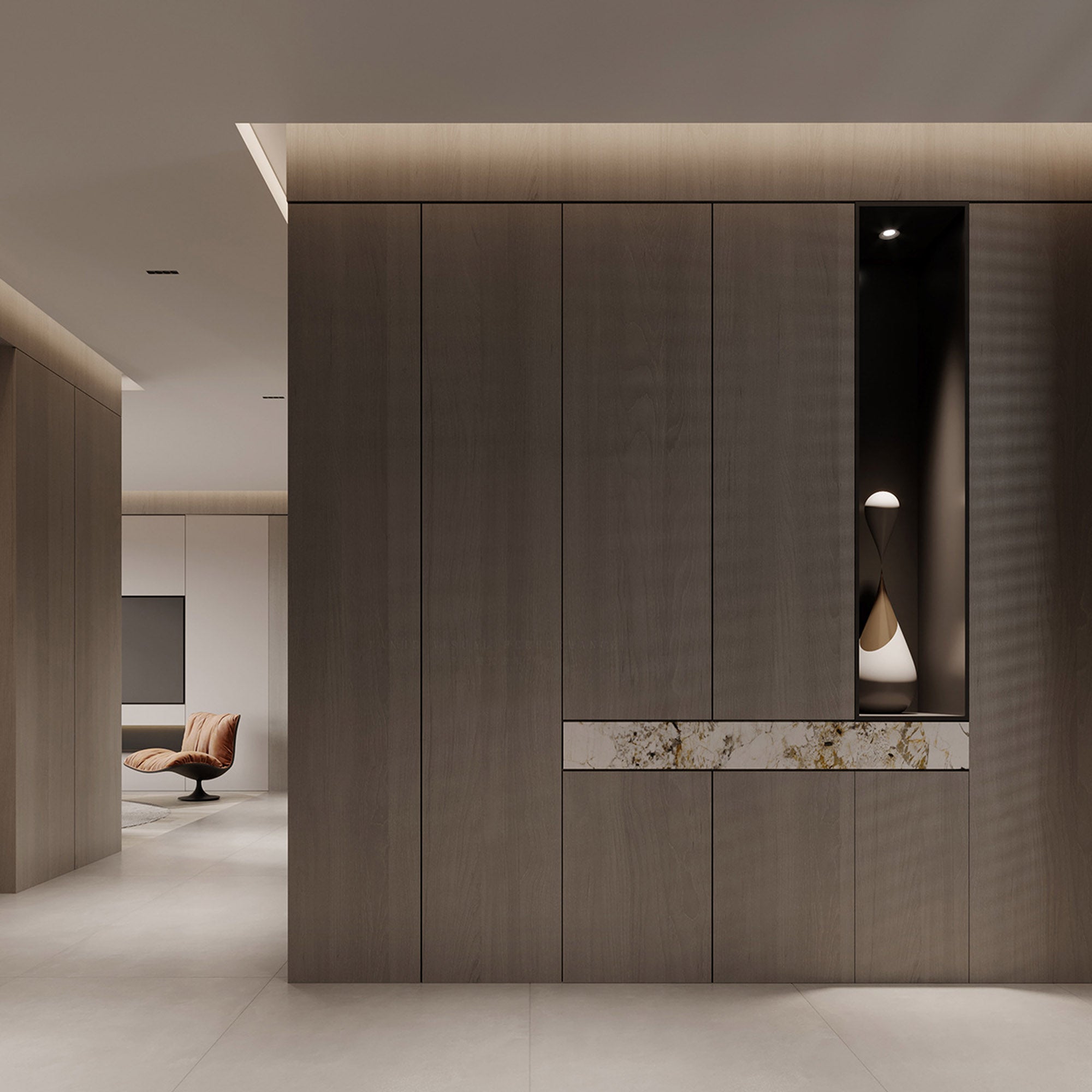 Sample of BEACON WPC slat wall panel in Manhattan Grey Oak, 4-side wrapped, 350x24cm, showing wood grain and edge banding details.