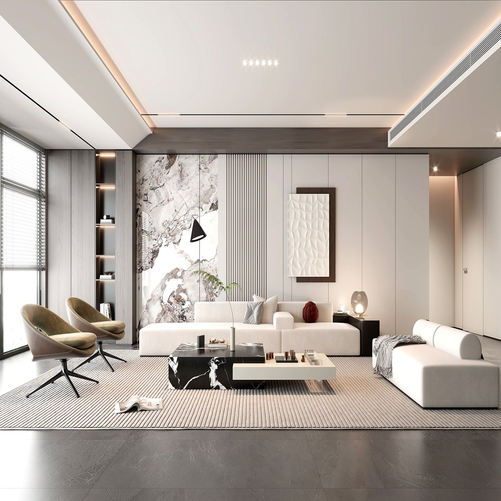 Sample of WPC wall panel in Milk Coffee color, 350x24cm, with 4-sided wrap and edge banding by BEACON.