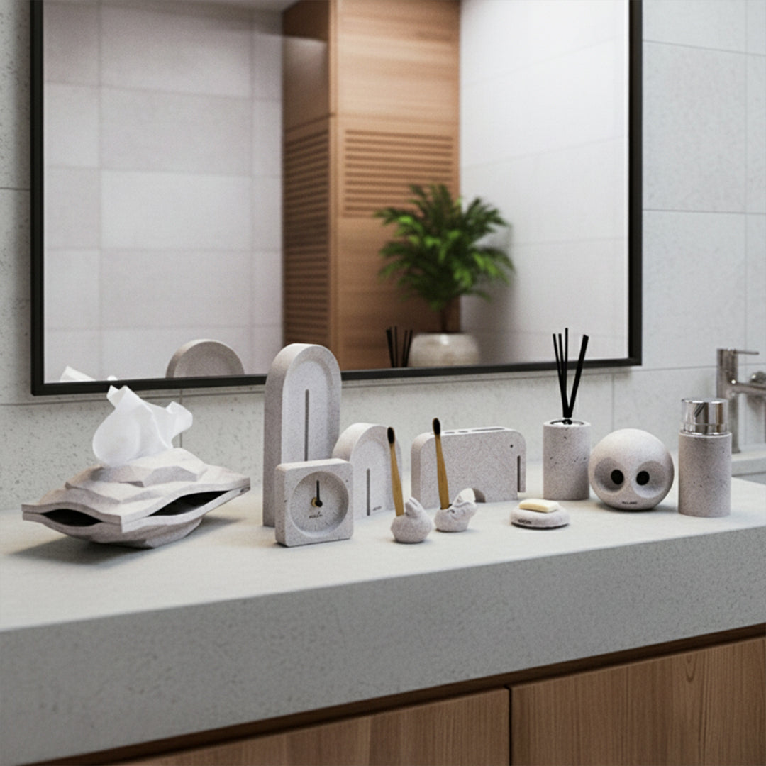 11-piece Sahara Dragon Ebarza bathroom accessories set by BEACON, includes soap dish, toothbrush holder, and other bathroom essentials.