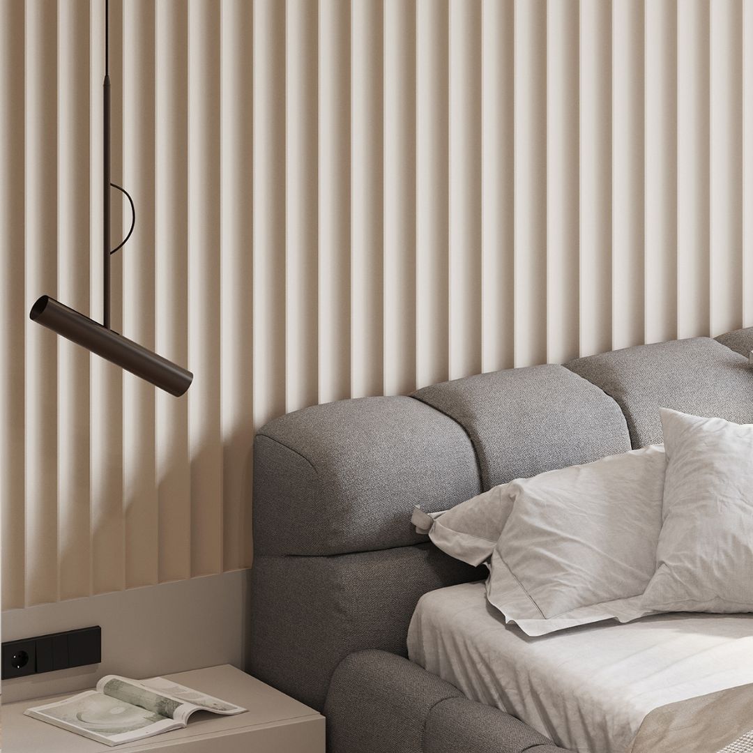 WPC curved wall decoration panel with BB stitching, 12x320 cm, by BEACON, showcasing textured surface and modern design.