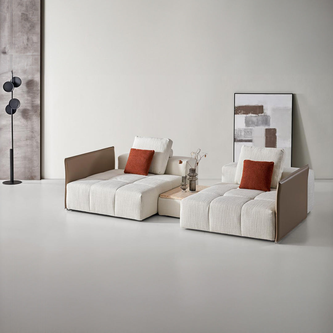 Beacon 120x120 modular square sofa in gray fabric, featuring a contemporary design with plush cushions and flexible sections.