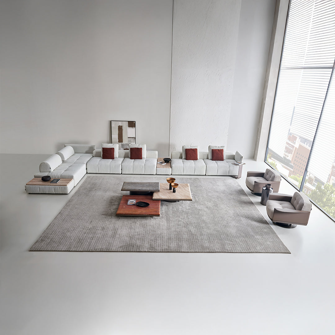 BEACON 120x120 modular square sofa SF080 with puzzle design, featuring plush cushions and modern upholstery in a living room setting.