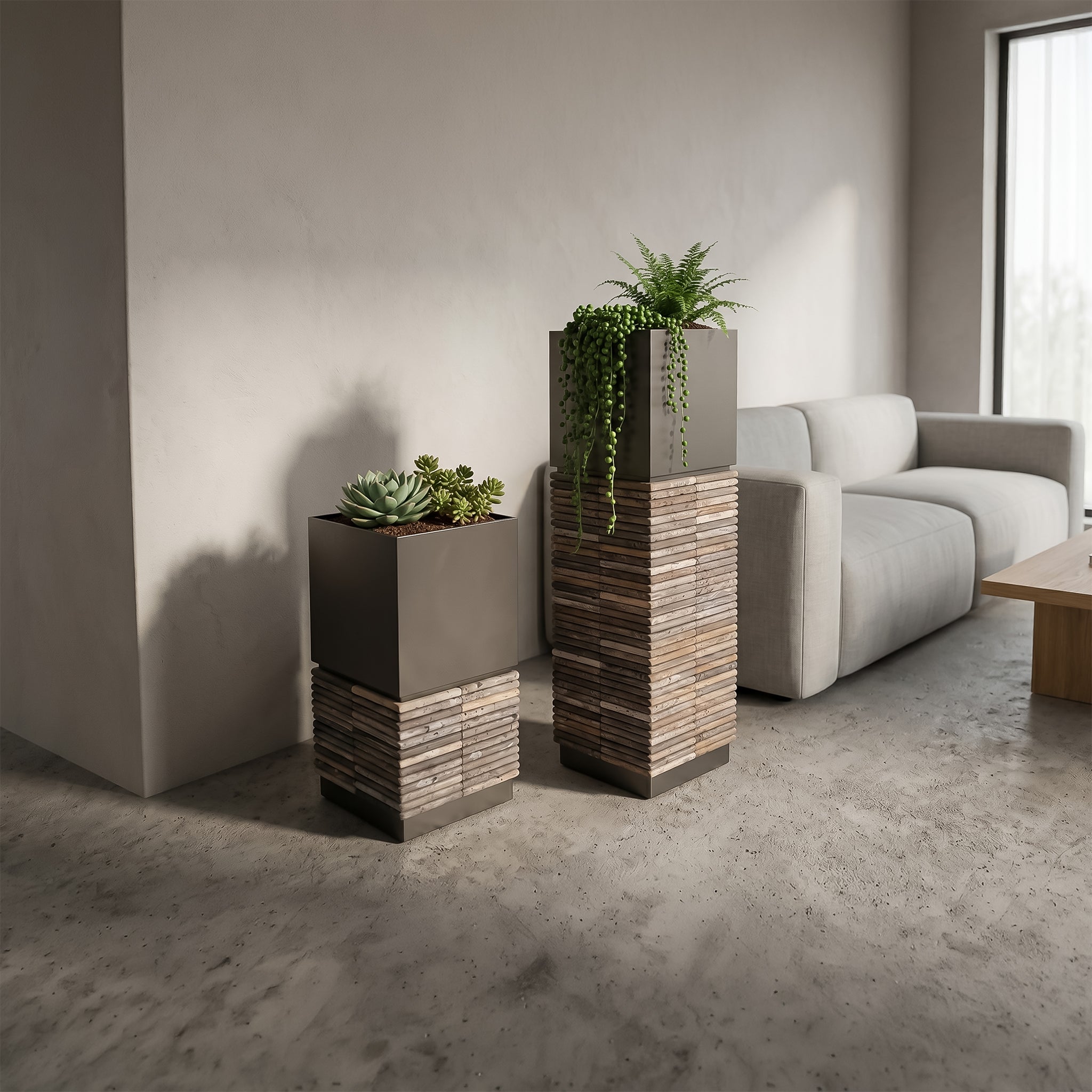 eBarza Marl Pedestal Square Planter Box DBM02001 with JM250616 for outdoor garden decoration, featuring a modern square design.