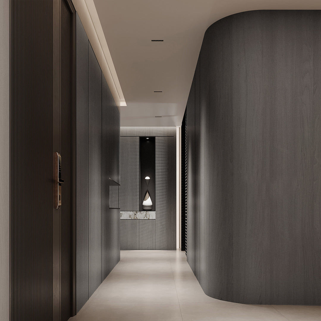 WPC wall decoration panel with Manhattan Gray Oak finish, 122x320cm, featuring black stitching for modern interior wall design.