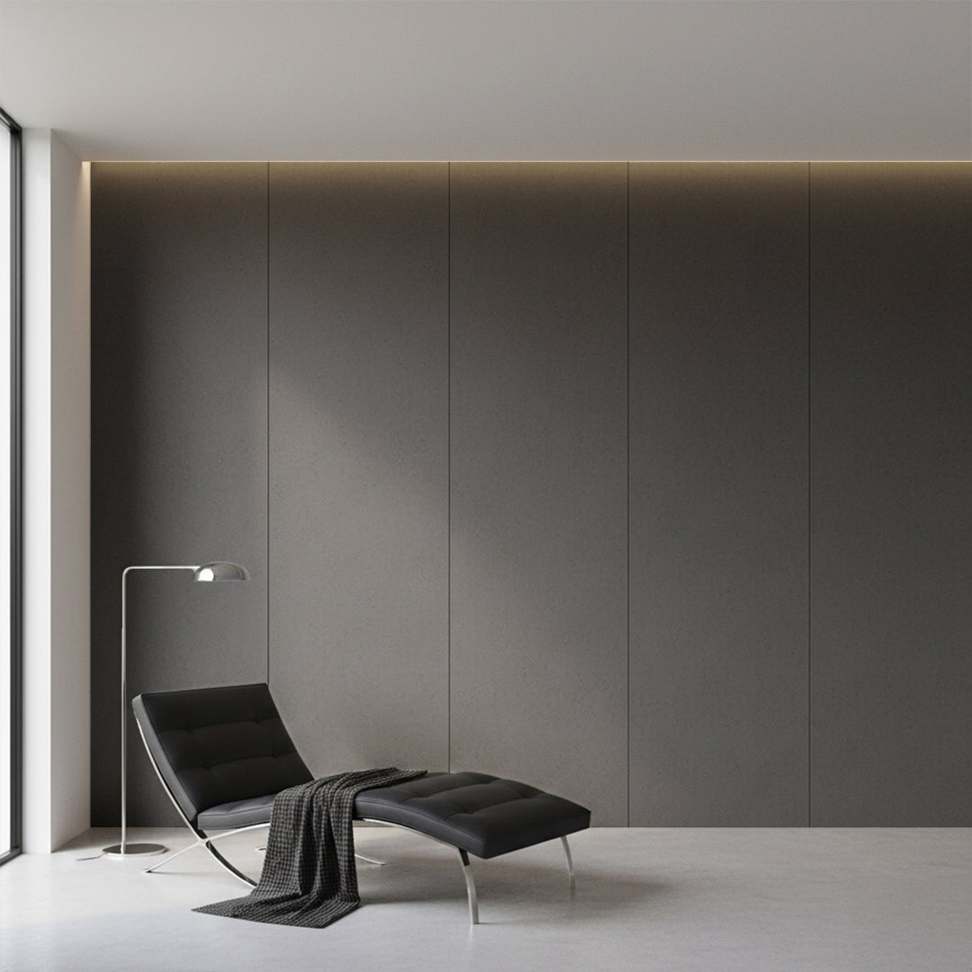Dark Cement WPC wall panel with BB stitching and film folding, 122x320cm, by BEACON for decorative interior walls.