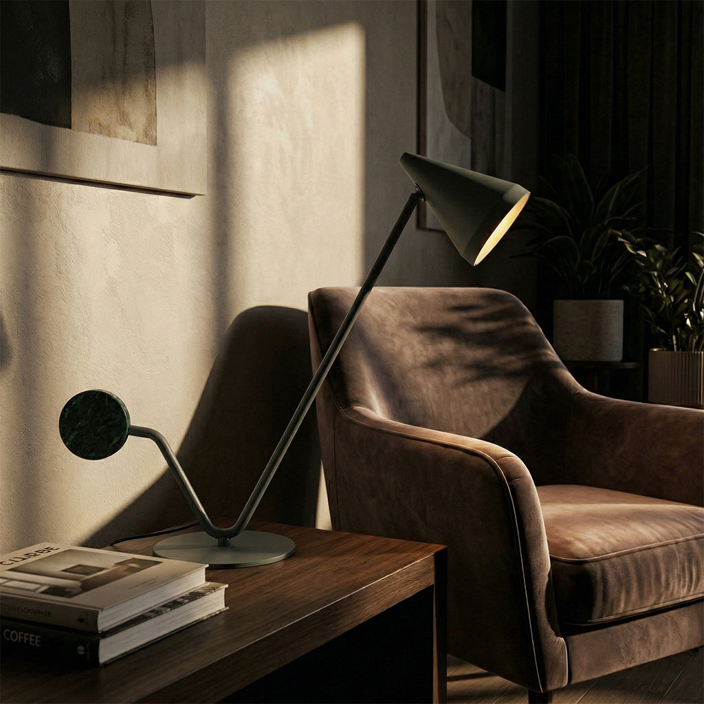 BEACON Helix table lamp with sleek metal base and adjustable arm, ideal for desk or table lighting.