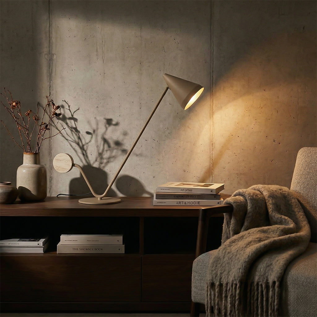 BEACON Helix table lamp with sleek metal base and adjustable arm, ideal for desk or bedside lighting.