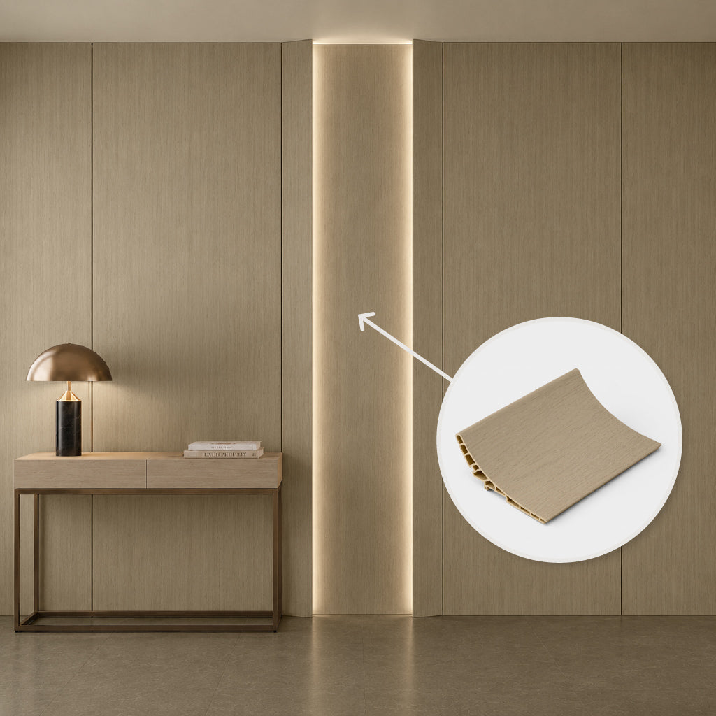 Taupe Elm BP-105Y - لوح جداري منحني خارجي من مادة WPC، مقاس 15 × 350 سم، لون: رمادي داكن