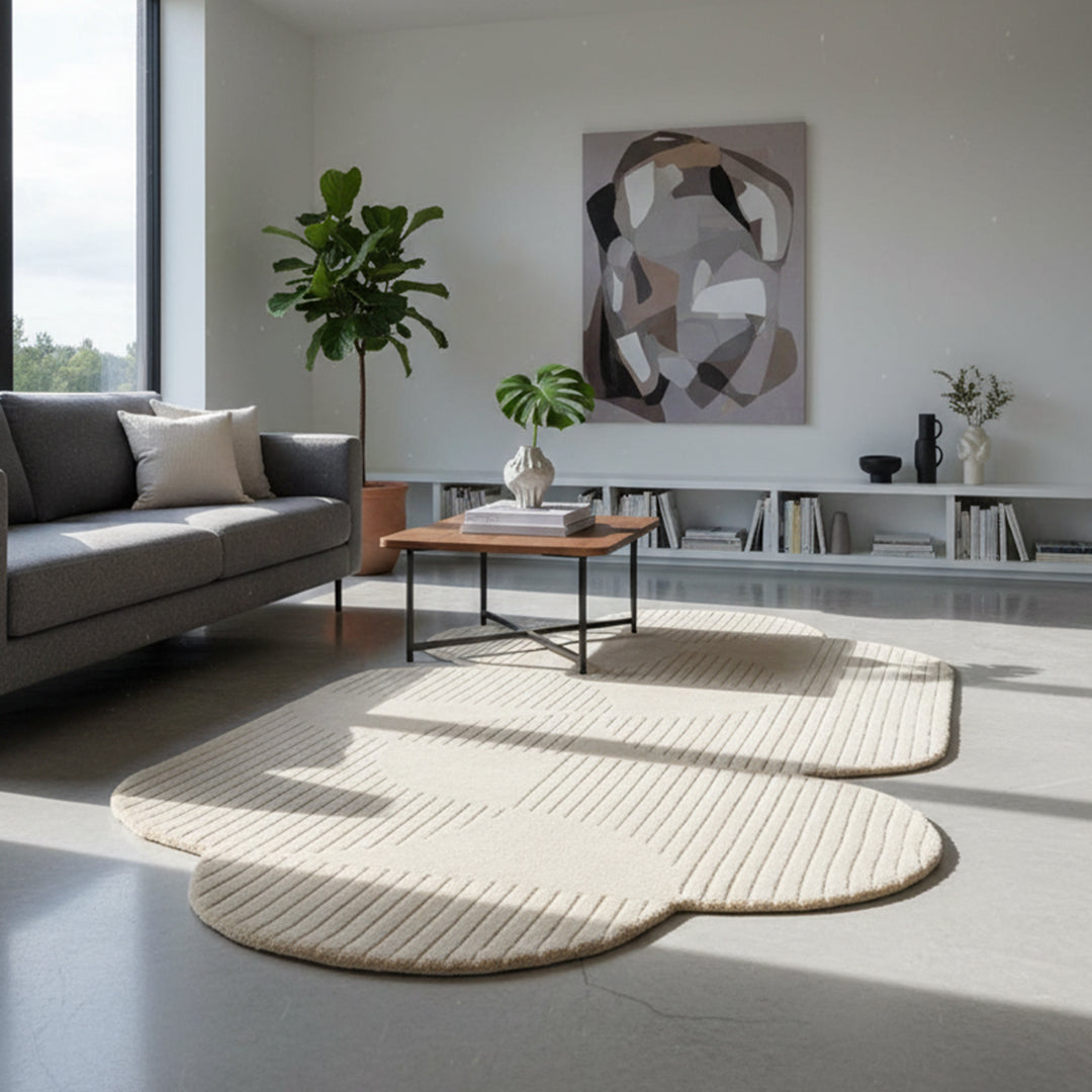 Beige kaleidoscope wool rug measuring 180x120 cm from Javi, with intricate pattern and soft texture.