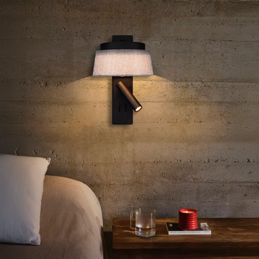Calm Hotel Style Headboard/ Wall Reading Lamp Calm-WL(B)-02U Black+Grey linen shade