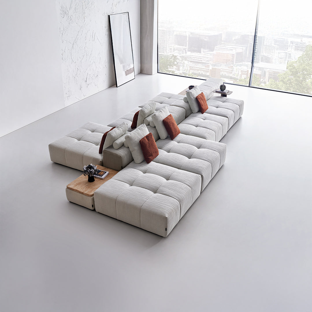 BEACON 2-seater puzzle sofa with matching leather side table, modern living room furniture, comfortable seating and stylish design.