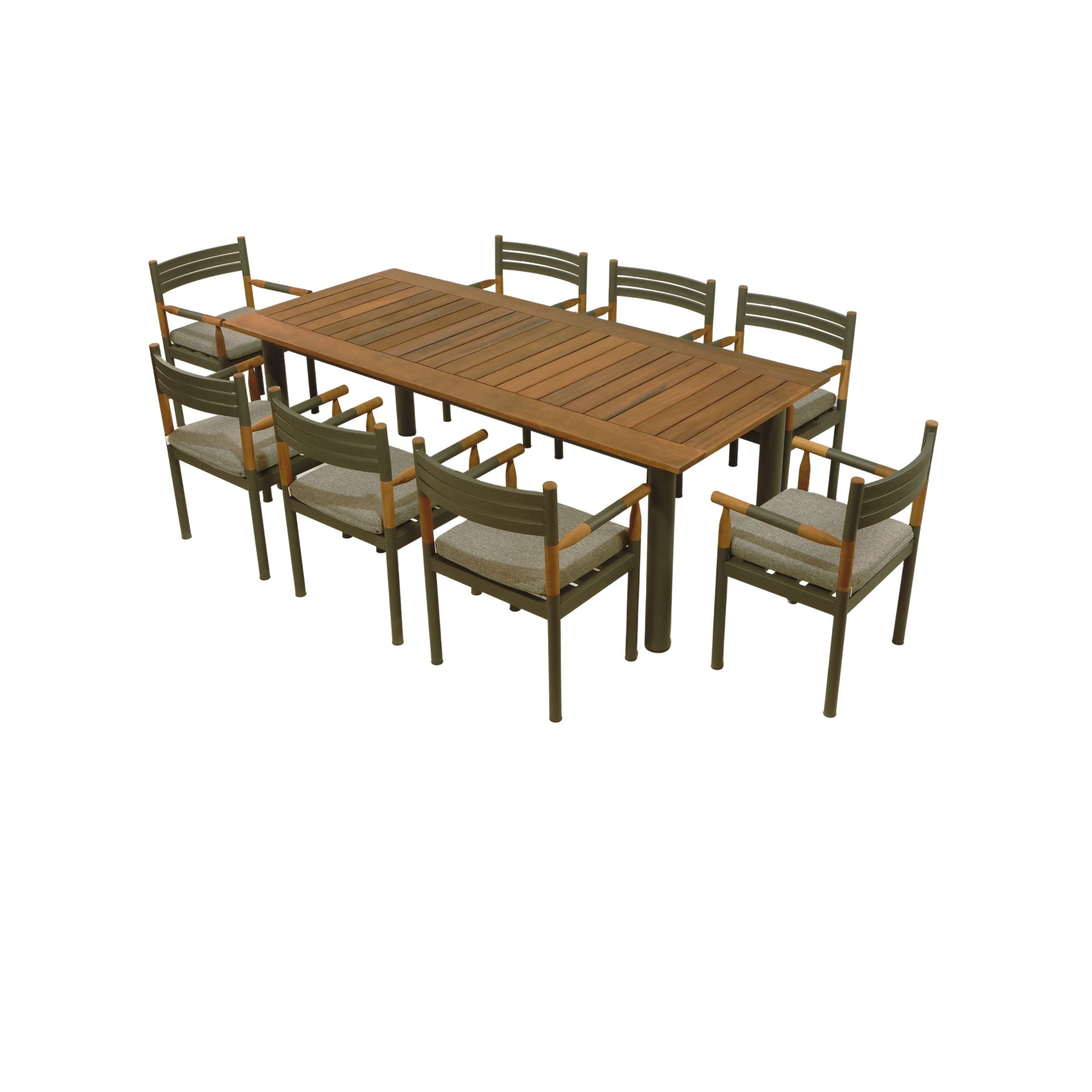 Outdoor dining table by ALBAMO, model 230x110 ALCON, with wooden surface and metal legs, perfect for outdoor patio use.