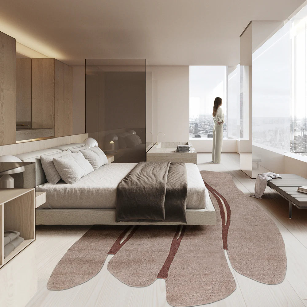 Beige and dark beige Javi gravity waves wool rug, 230x160 cm, with a textured wave pattern and soft appearance.