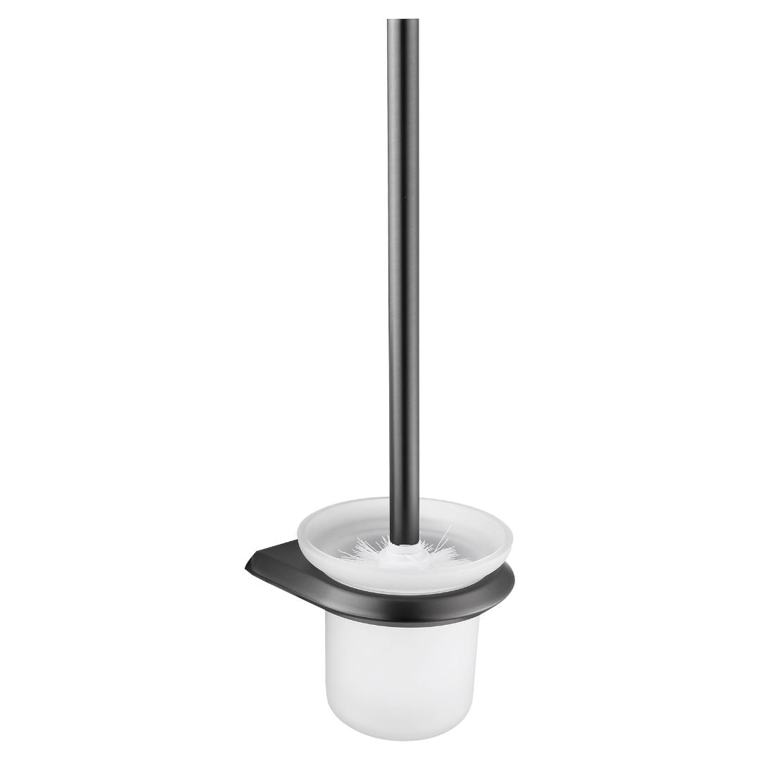 Metal toilet brush holder with gun metal finish, designed for bathroom hygiene and storage.