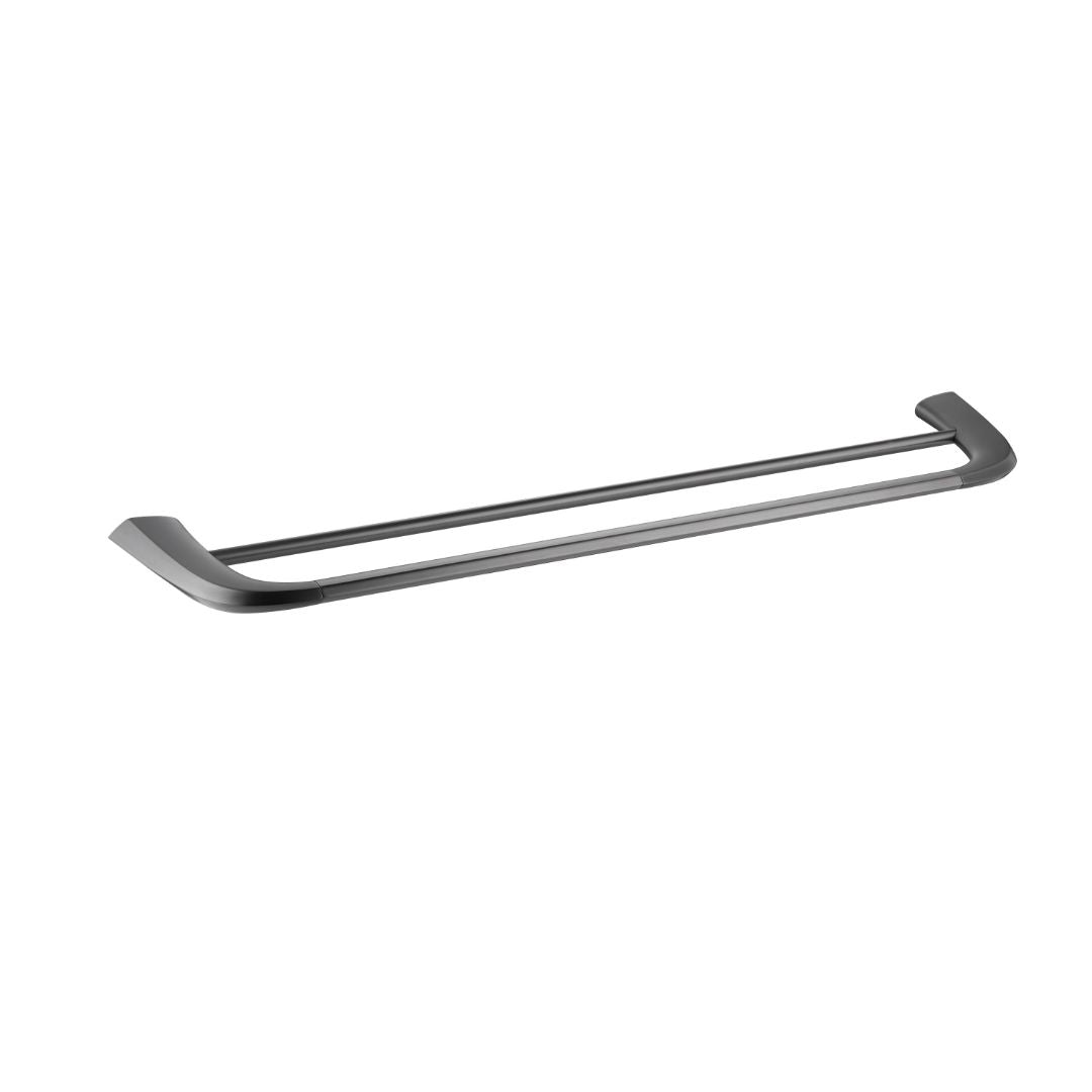 Double towel bar in gun metal finish with sleek hooks, designed for bathroom organization by BEACON.