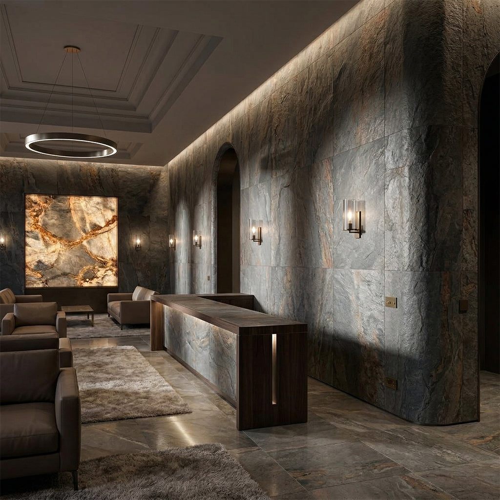 Forest Fire flexible stone veneer wall panel by ebarza, 244x122x0.2cm, natural stone cladding with fiery forest pattern