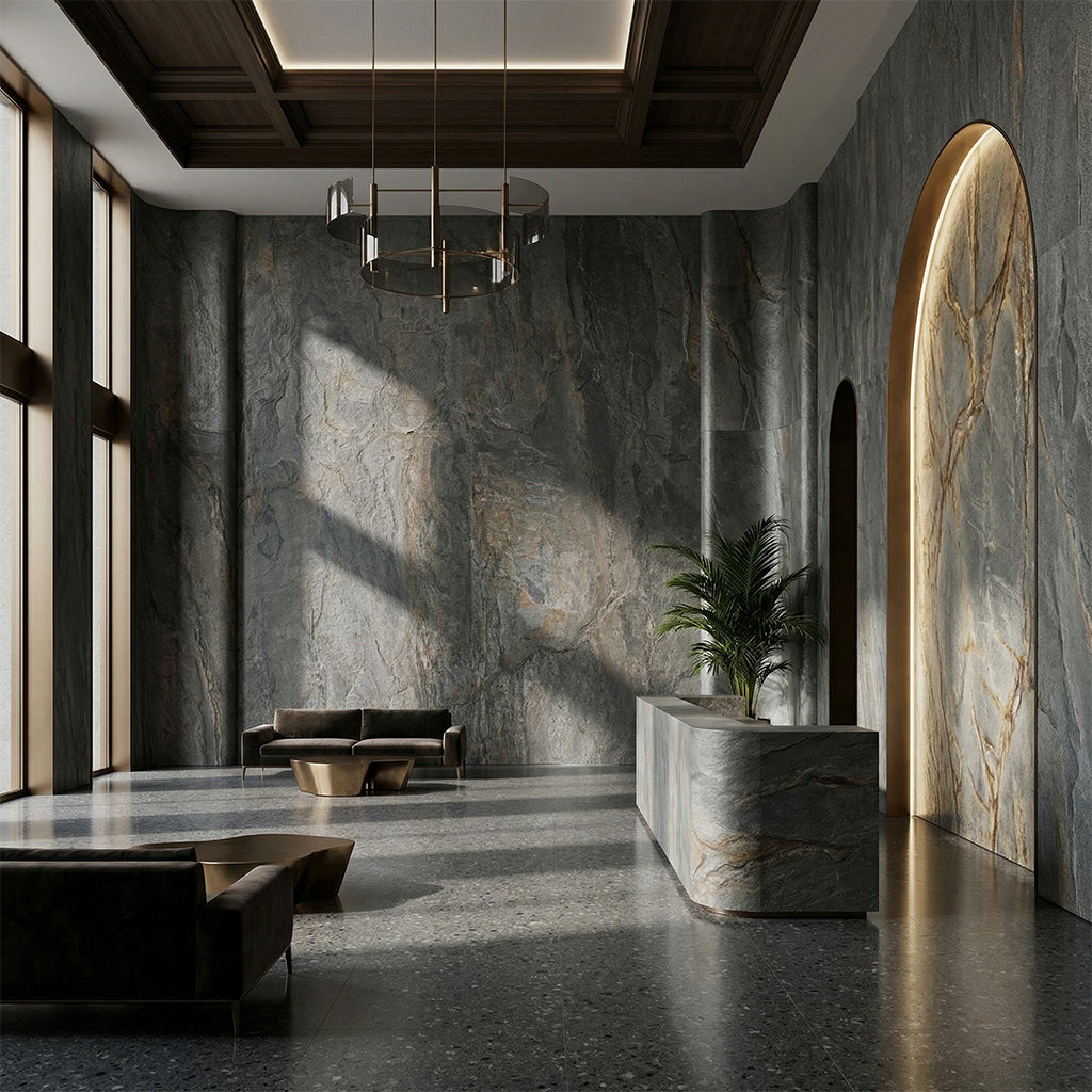 Forest Fire flexible stone veneer cladding wall panel by ebarza, 244x122x0.2cm, with textured stone appearance.