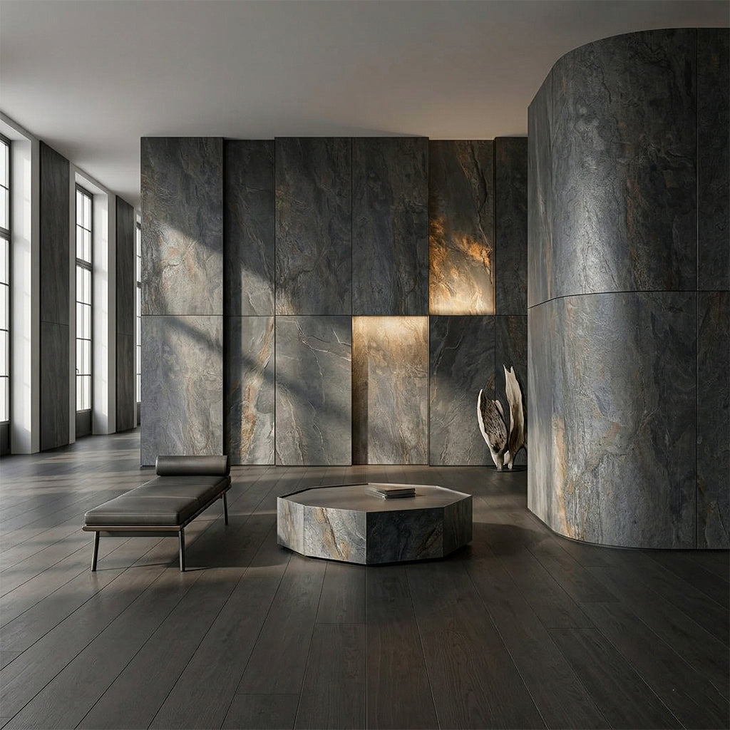 Forest Fire flexible stone veneer wall panels by ebarza, 244x122cm, lightweight cladding with natural textured stone appearance.