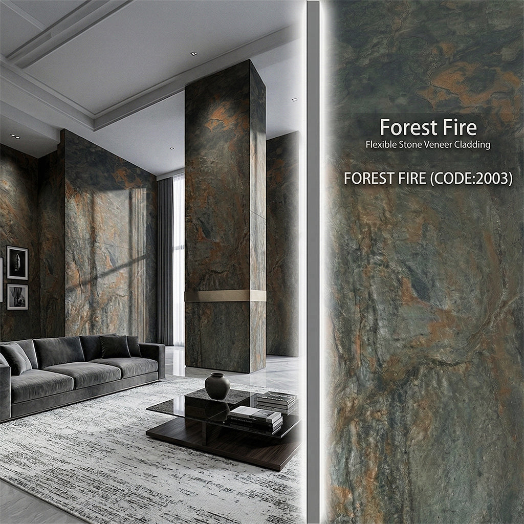 Flexible stone veneer wall panels with Forest Fire design, 244x122cm, by ebarza, showcasing textured cladding for interior or exterior walls.