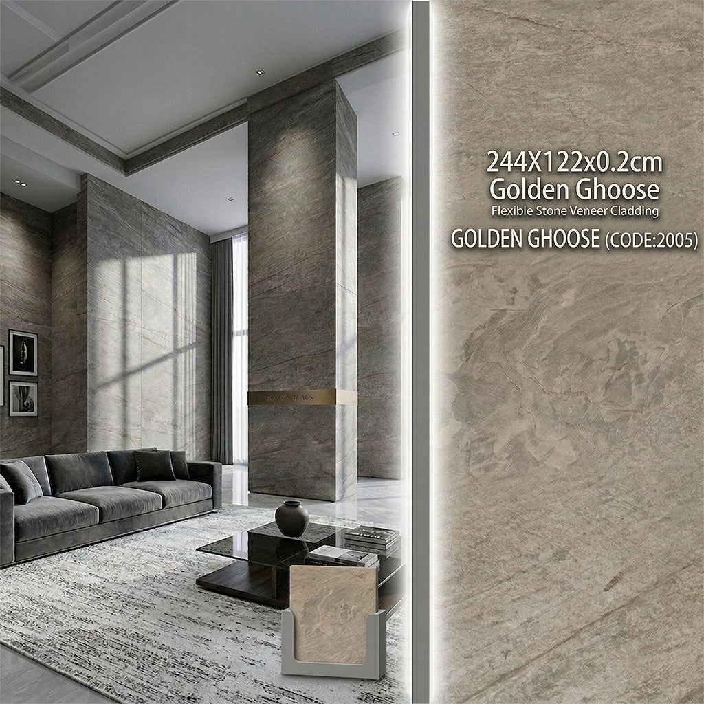Sample of Golden Ghoose flexible stone veneer cladding wall panel, 244x122x0.2cm, by ebarza, showing textured stone surface.
