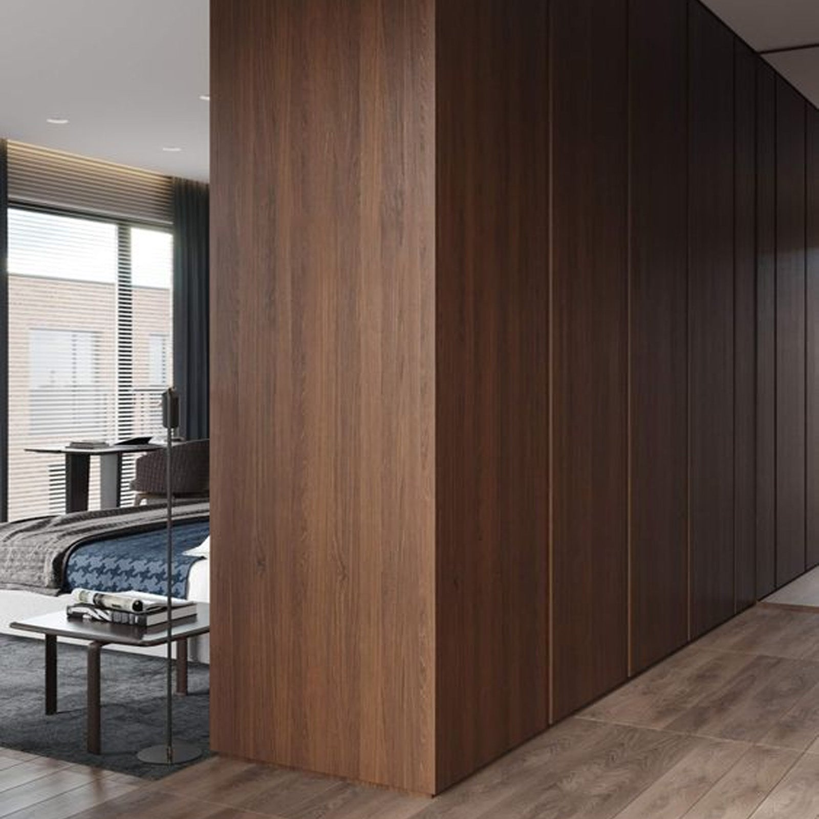 Walnut MDF slat acoustic wall panel measuring 280x122x1.8cm, flat decorative panel for interior wall decoration.
