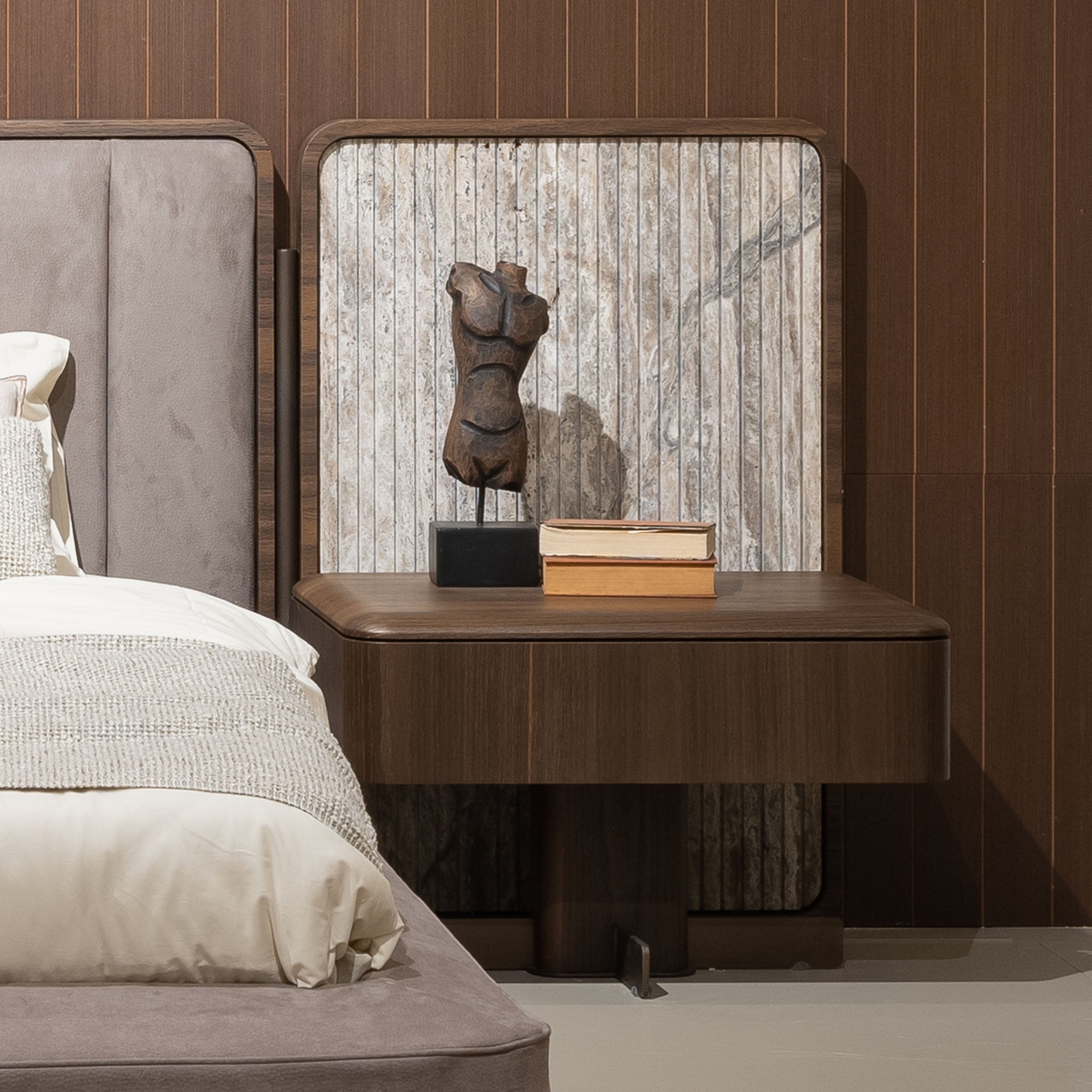 Two HOMAGE KOLTUK Odeon Nightstand OD-NS-001 bedside tables with a modern design, featuring a smooth finish and storage drawer.