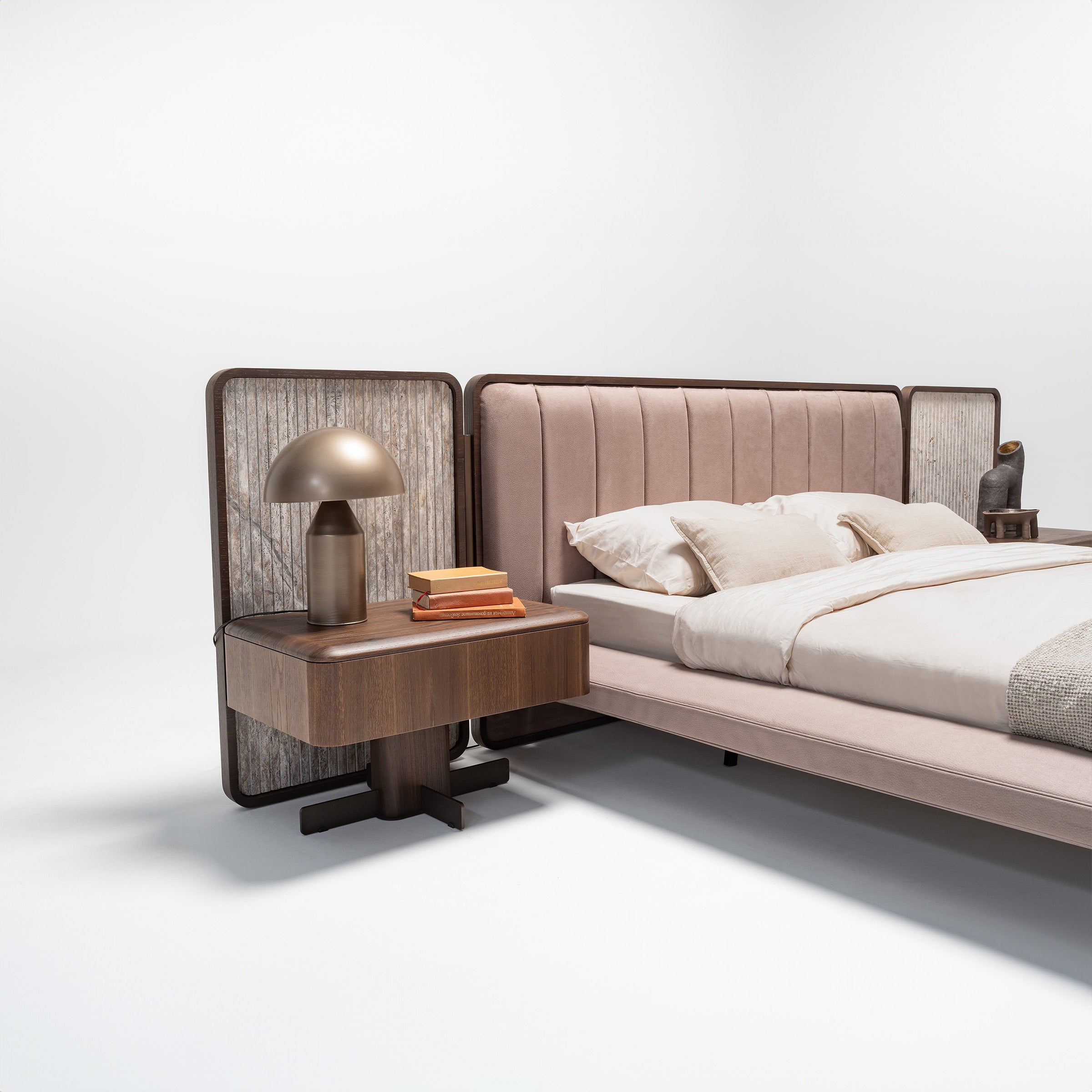 Two HOMAGE KOLTUK Odeon Nightstand OD-NS-001 bedside tables with sleek wooden finish and modern design.