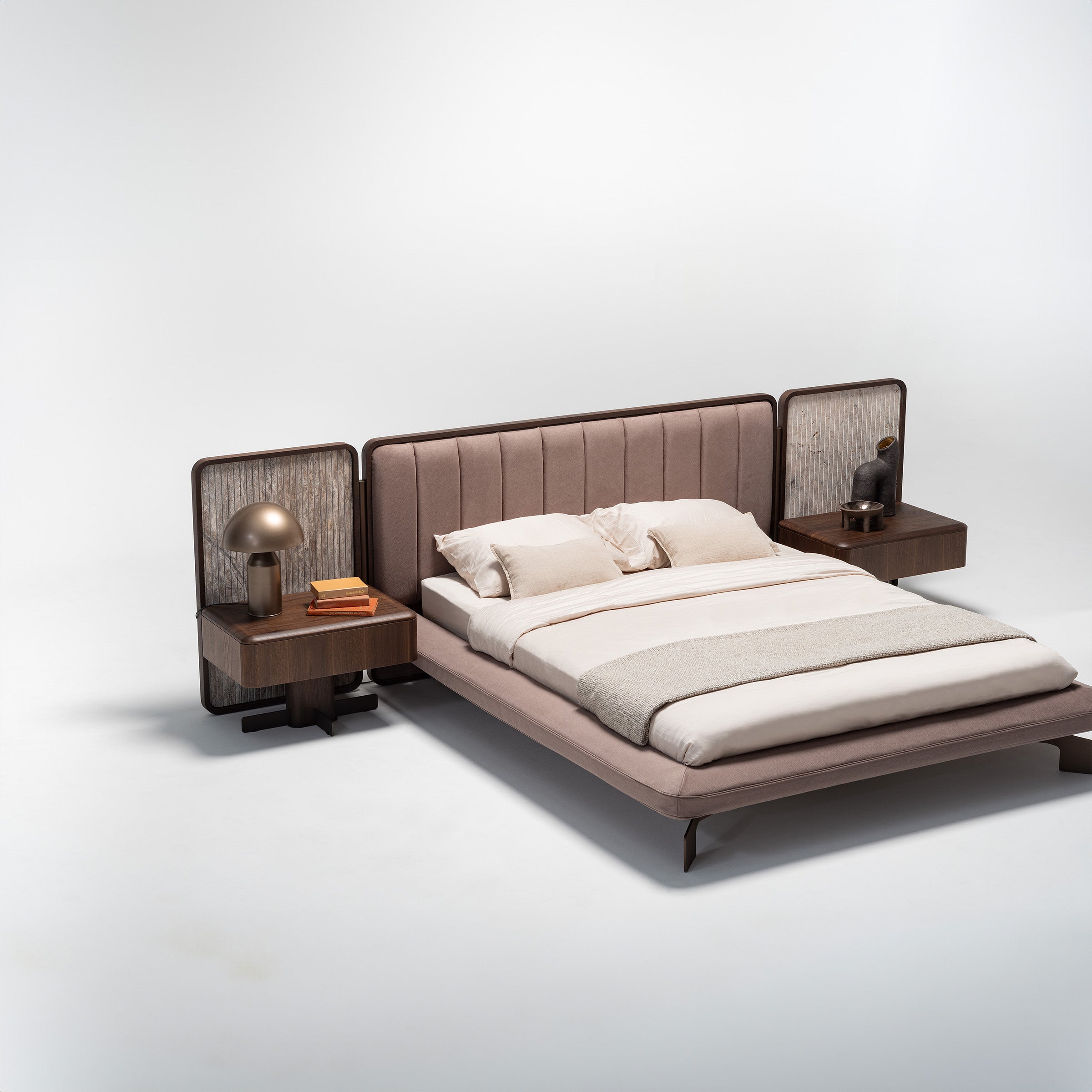 Two HOMAGE KOLTUK Odeon Nightstand bedside tables with modern design, featuring wooden finish and sleek storage drawers.