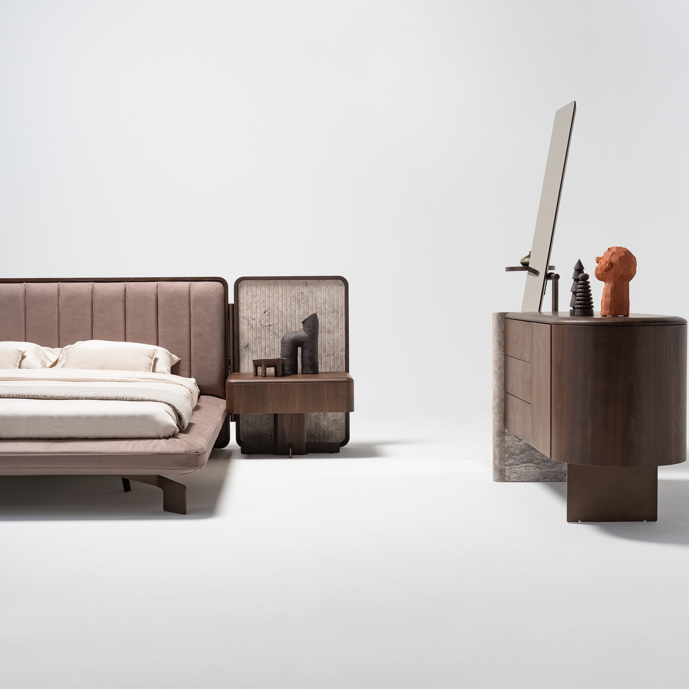 Two HOMAGE KOLTUK Odeon Nightstand bedside tables with modern design, featuring wooden finishes and sleek handles.