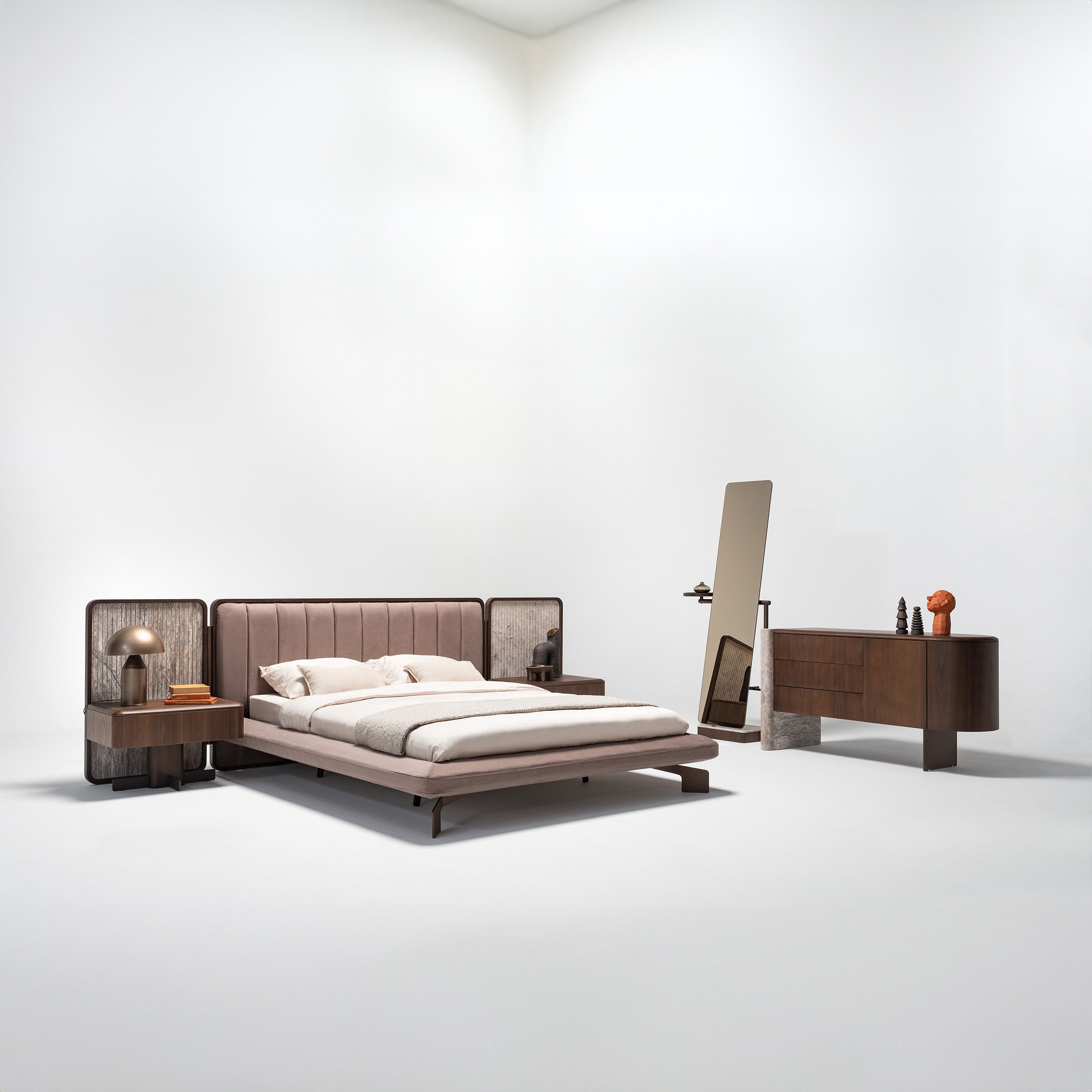 Two HOMAGE KOLTUK Odeon Nightstands OD-NS-001, modern bedside tables with sleek design and storage drawers.