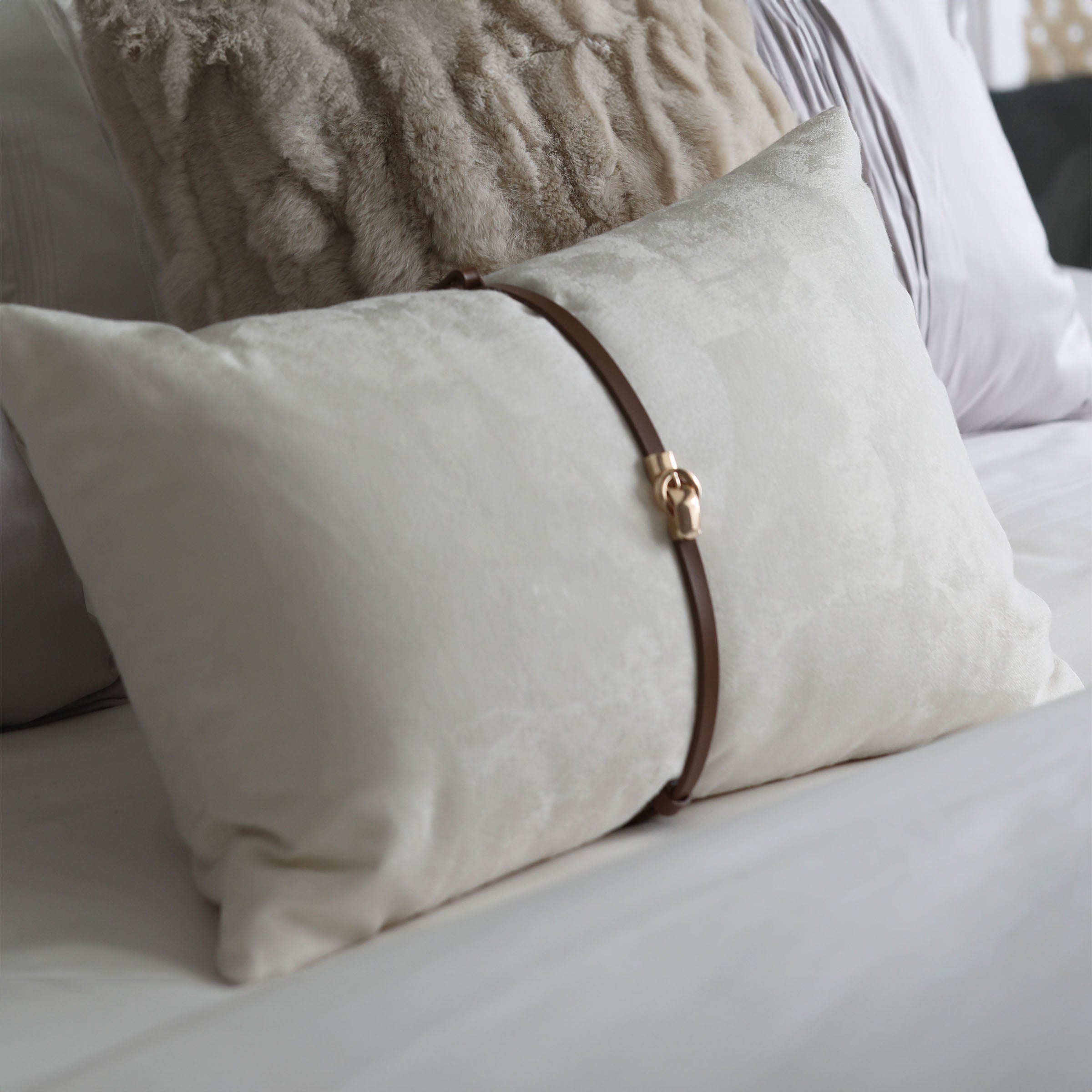 BEACON 30x60 Cecil Belt Cushion in neutral fabric with belt design, decorative cushion for sofa or bed.