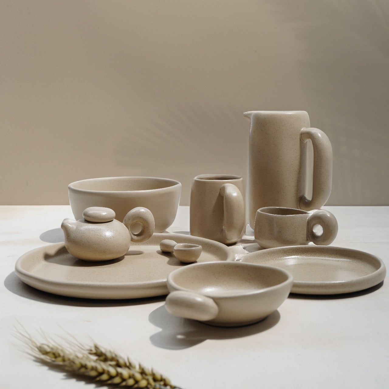 Set of 30 Asian Zen ceramic dinnerware pieces for 6 people, including plates, bowls, and mugs in a calming design.