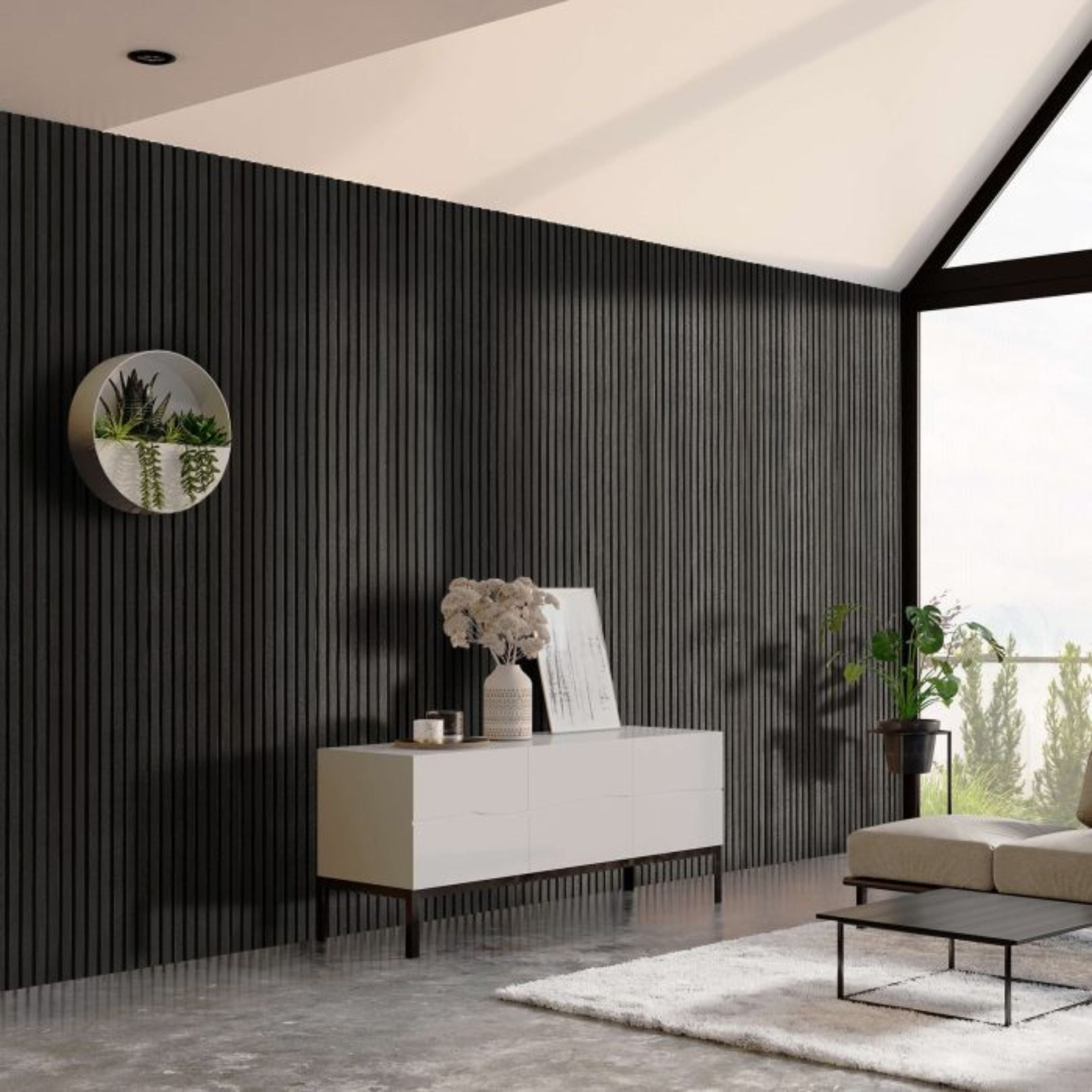 Black oak slat acoustic wall panel, 280x60x2.1cm, fire-retardant decoration panel by BEACON TIDG, with 35-15mm thickness.