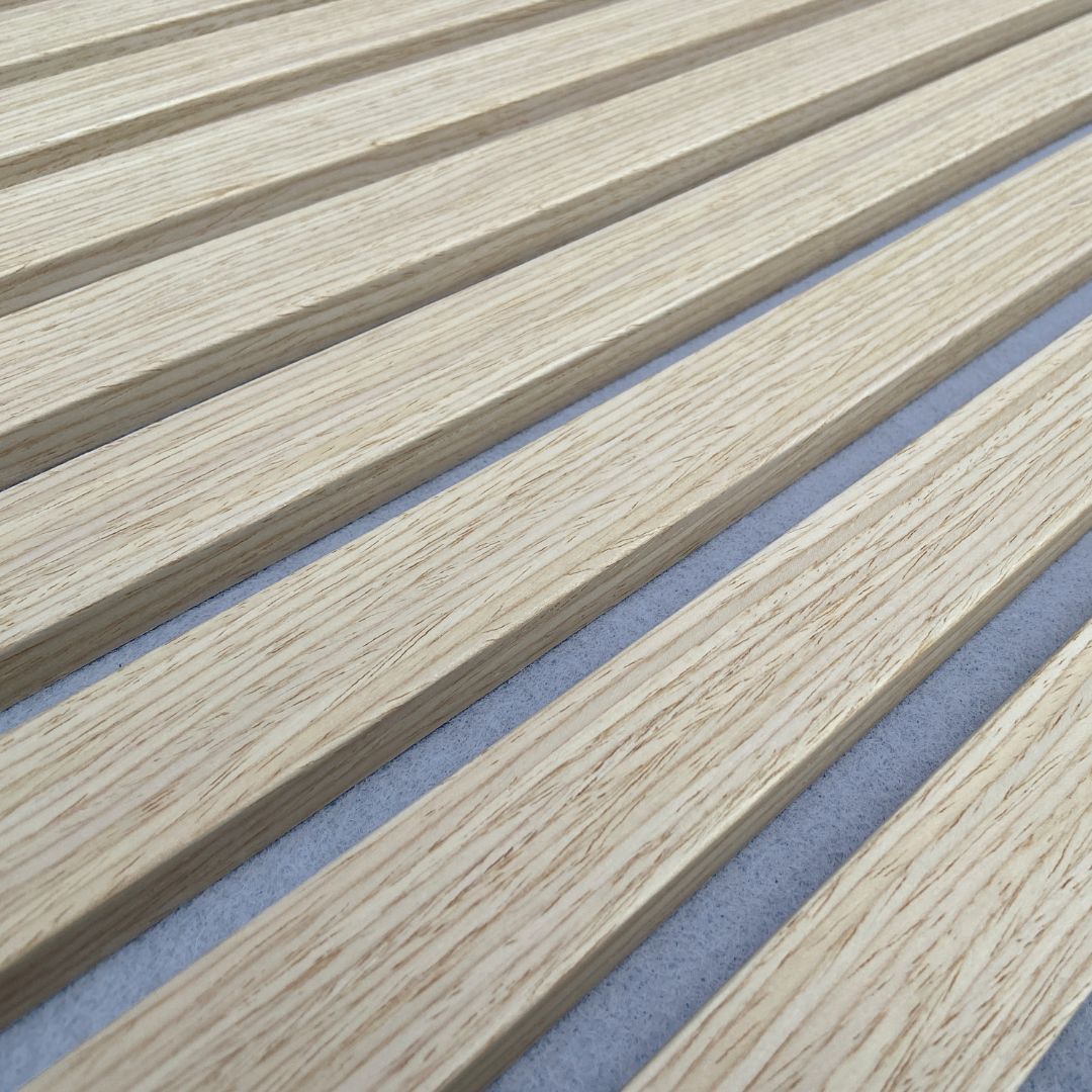 Beige BEACON slat acoustic wall panel in white oak finish, 300x60x2.1cm, fire-retardant decorative panel for interior walls.