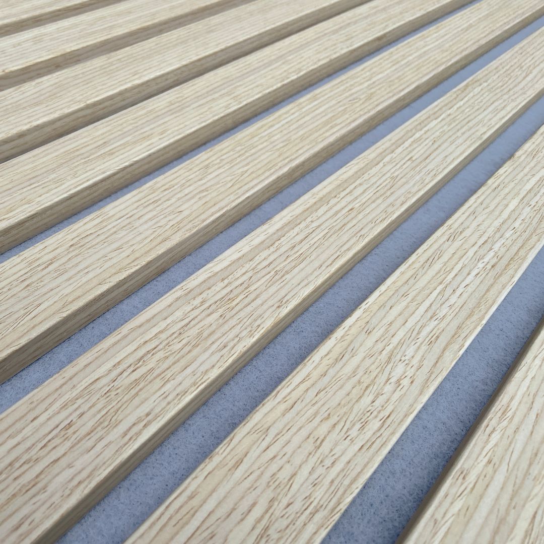 White oak BEACON wall panel with 300x60x2.1cm slat acoustic design, fire-retardant, decorative light grey acoustic panel.