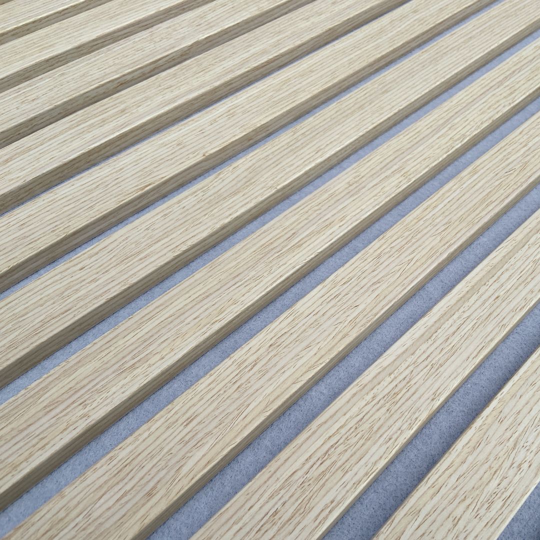 Light grey BEACON slat acoustic wall panel in white oak finish, 300x60x2.1cm, fire retardant decorative panel for interior walls.