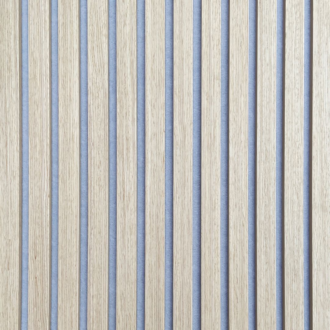 White oak slat acoustic wall panel, 300x60x2.1cm, fire-retardant, decorative panel in light grey for interior wall decoration.