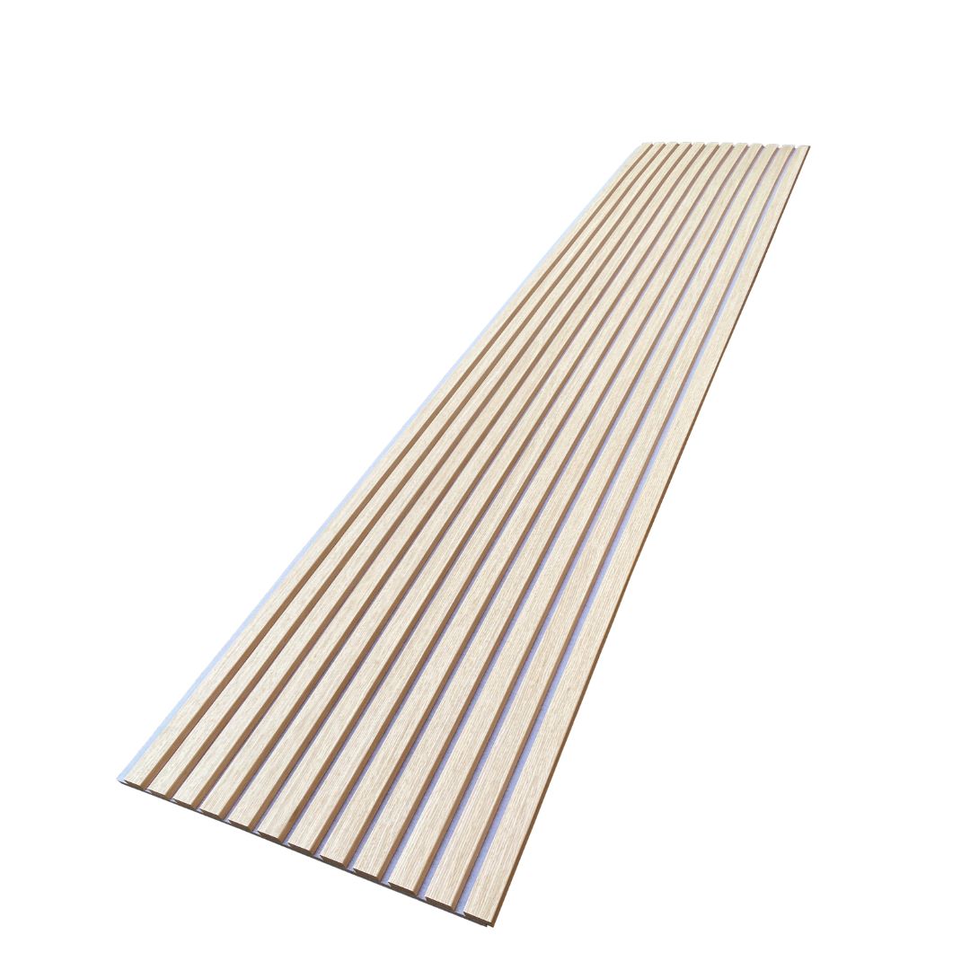 Light grey BEACON wall panel made of 300x60x2.1cm slat acoustic material with fire retardant white oak finish.