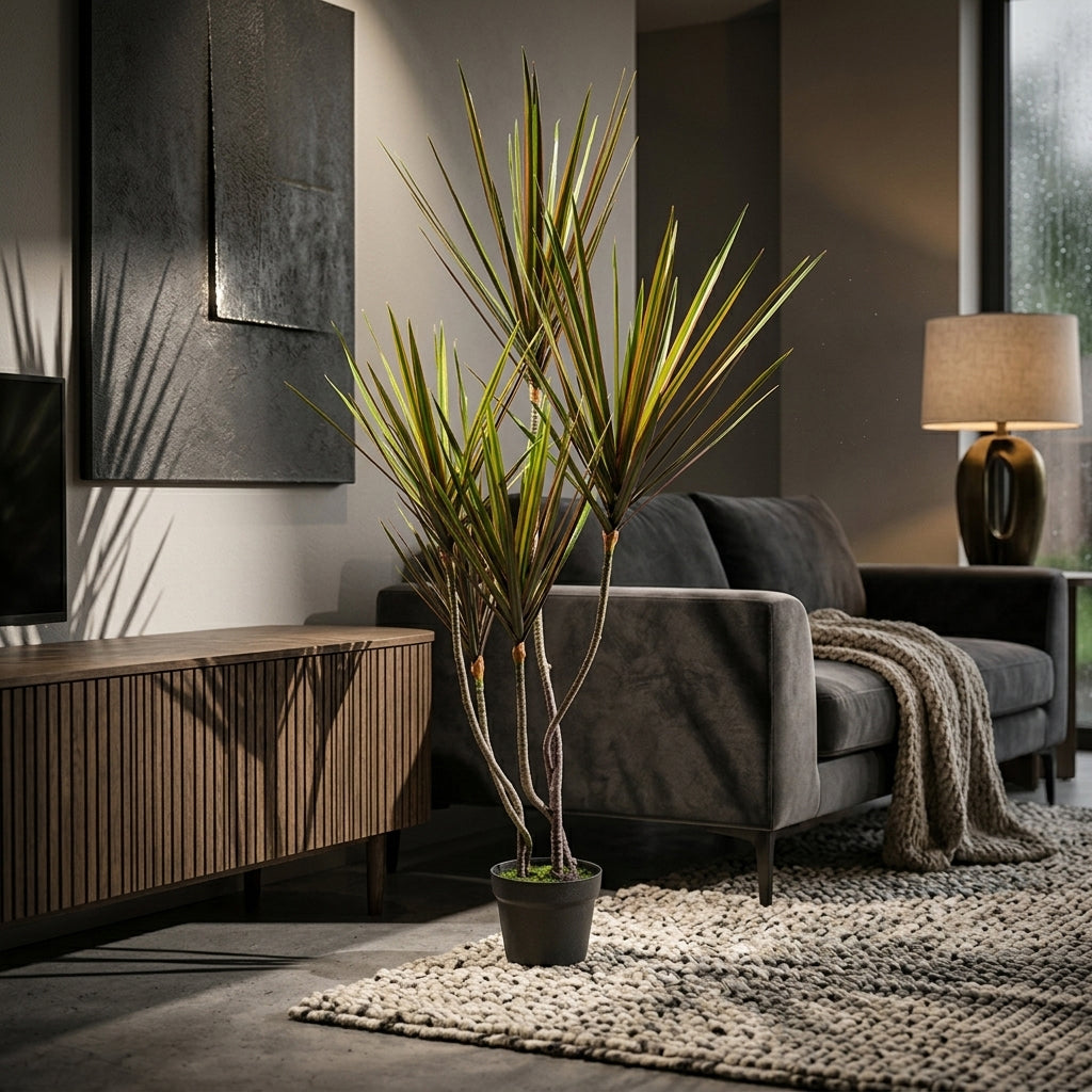 Artificial Dracaena Reflexa plant, 120cm tall with 5 heads and 145 leaves in a pot, by BEACON, model XY2025-013BP.